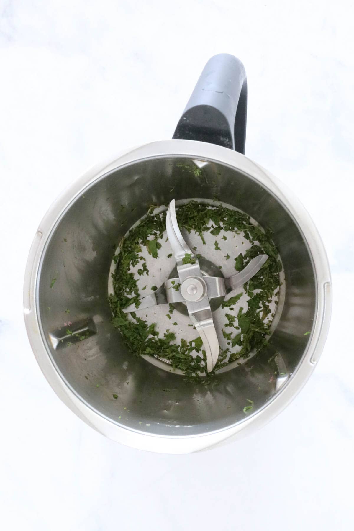 Chopped mint in a Thermomix.