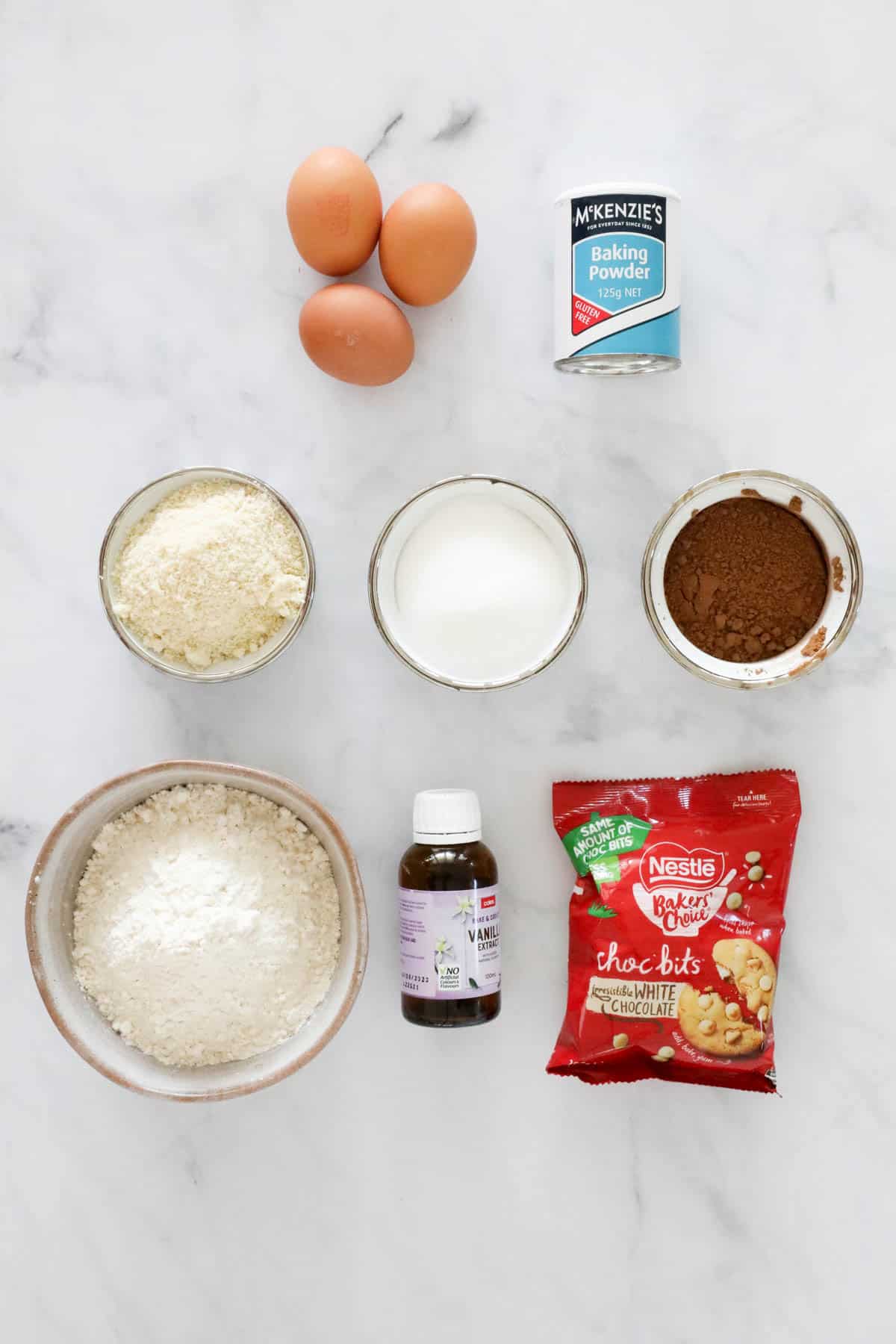 The ingredients for chocolate chip biscotti.