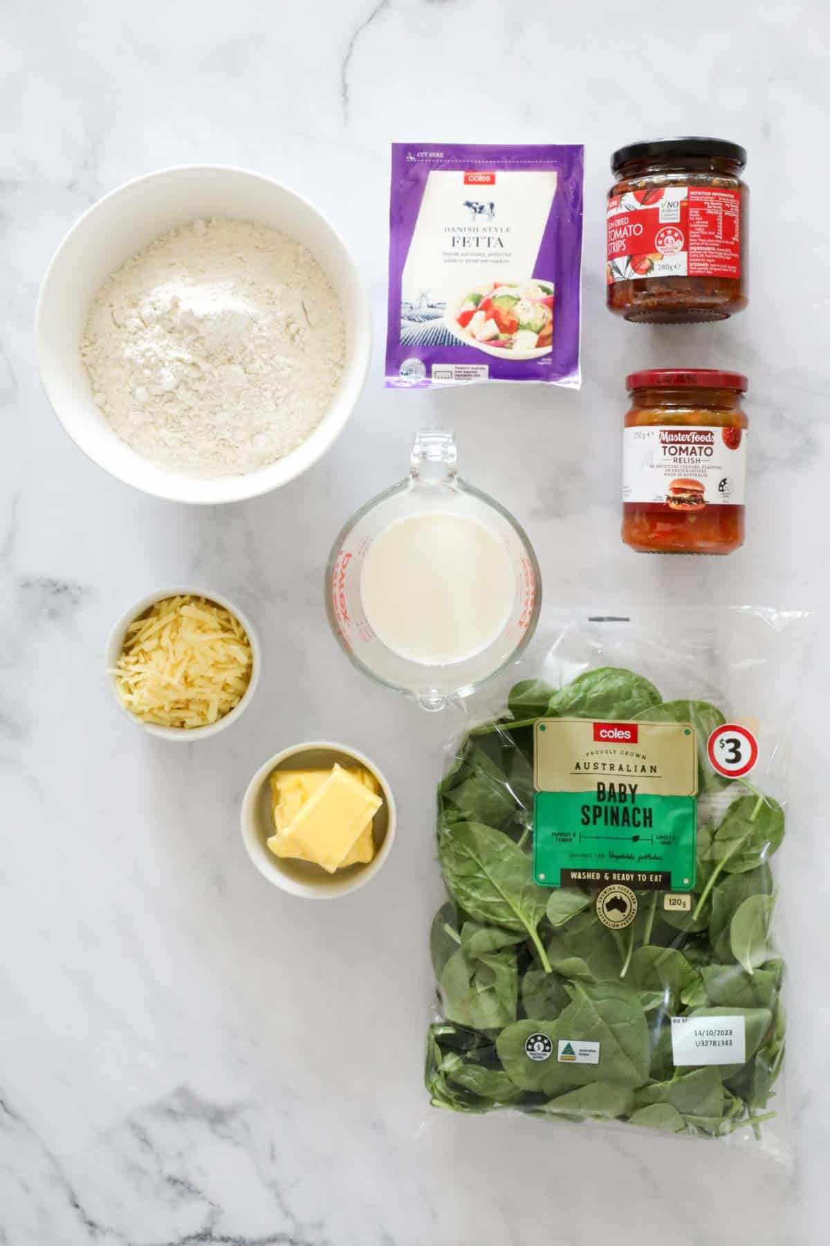 The ingredients for Thermomix Spinach, Sun-Dried Tomato & Feta Scrolls.