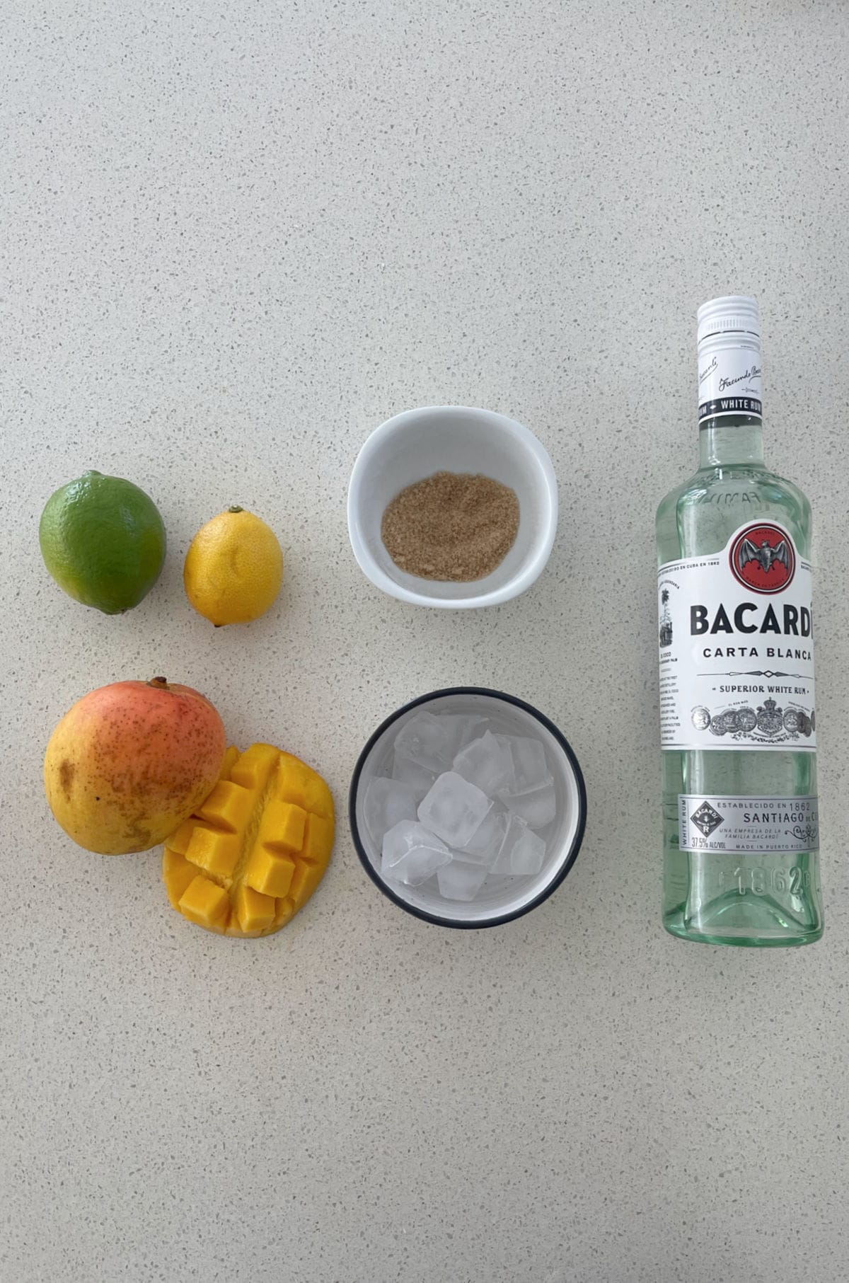 Ingredients to make a mango daiquiri in a thermomix.