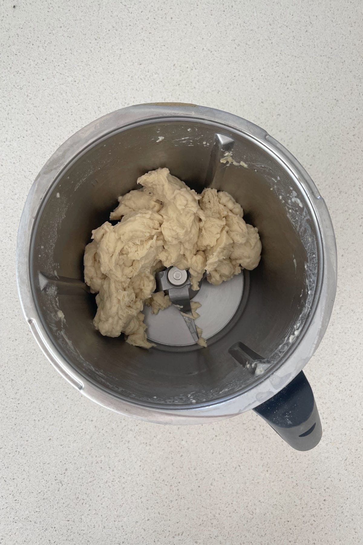 Tortilla dough in a thermomix bowl.