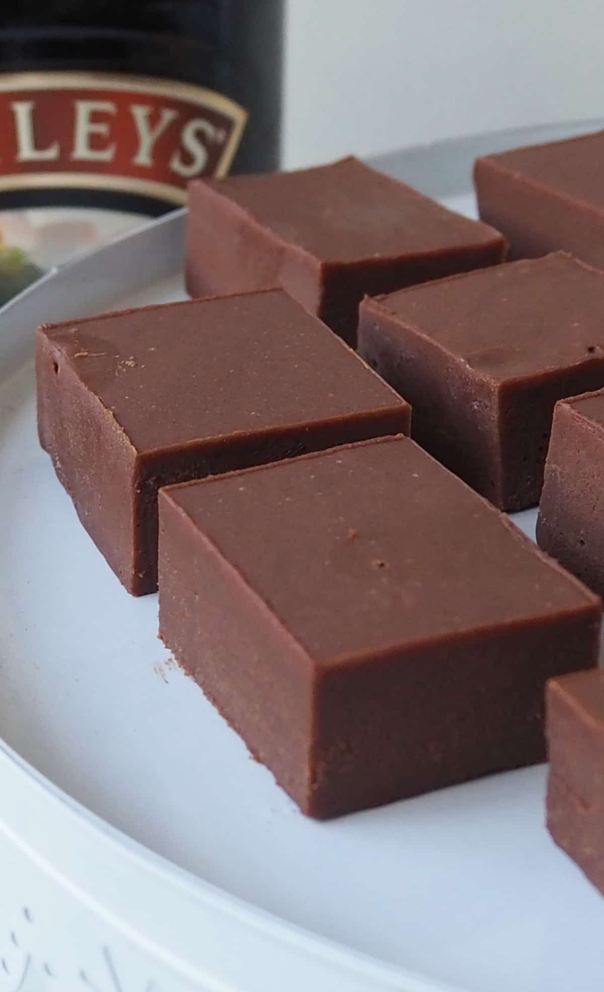 Side overhead view of slices of Baileys Fudge sitting on a white serving platter.