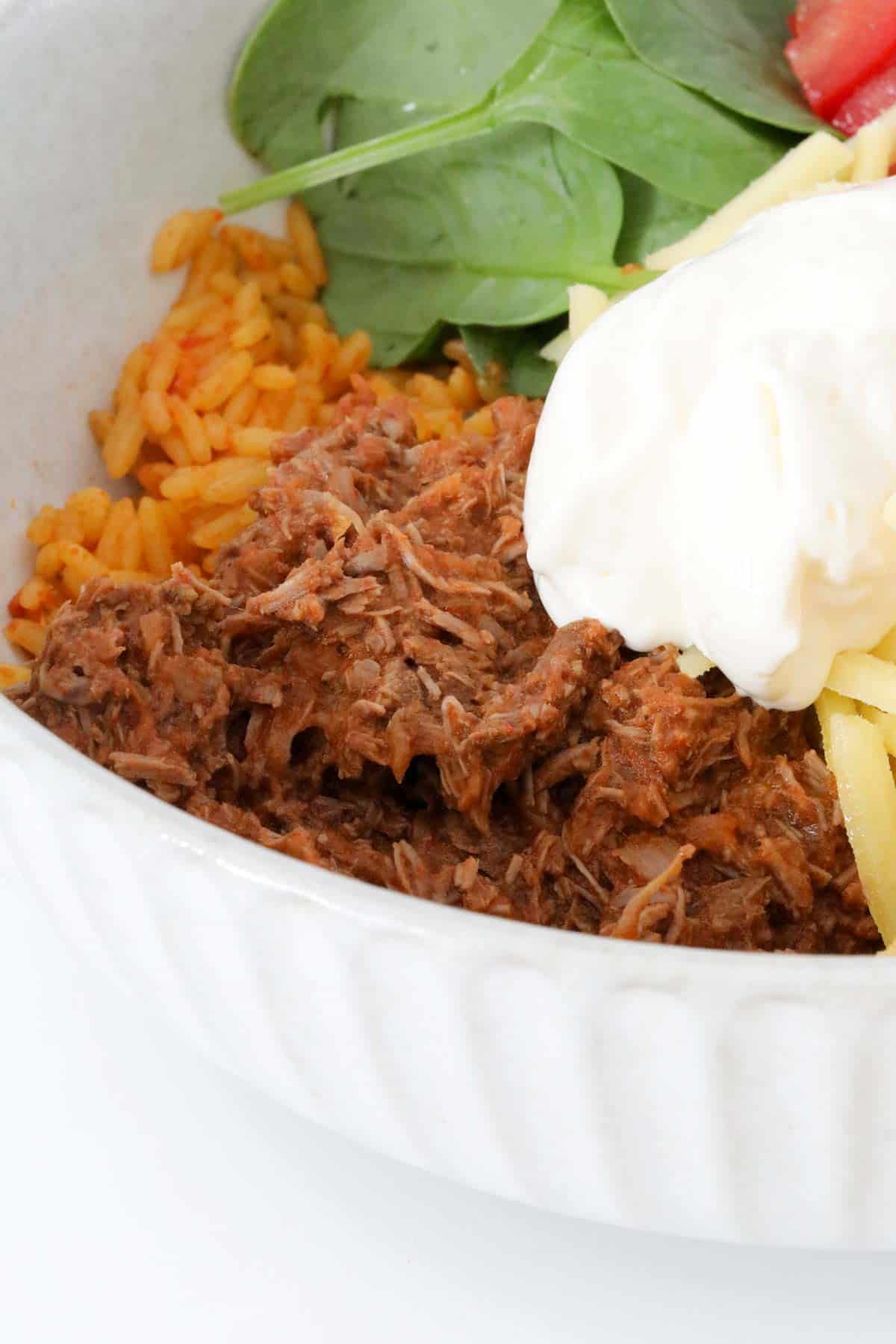 Shredded beef with rice and sour cream.
