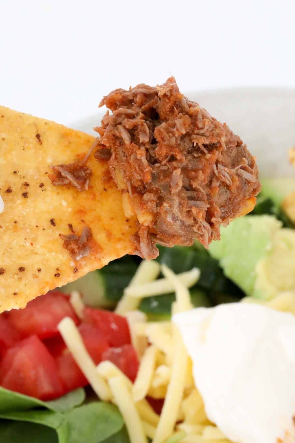 Shredded Mexican beef on a corn chip.