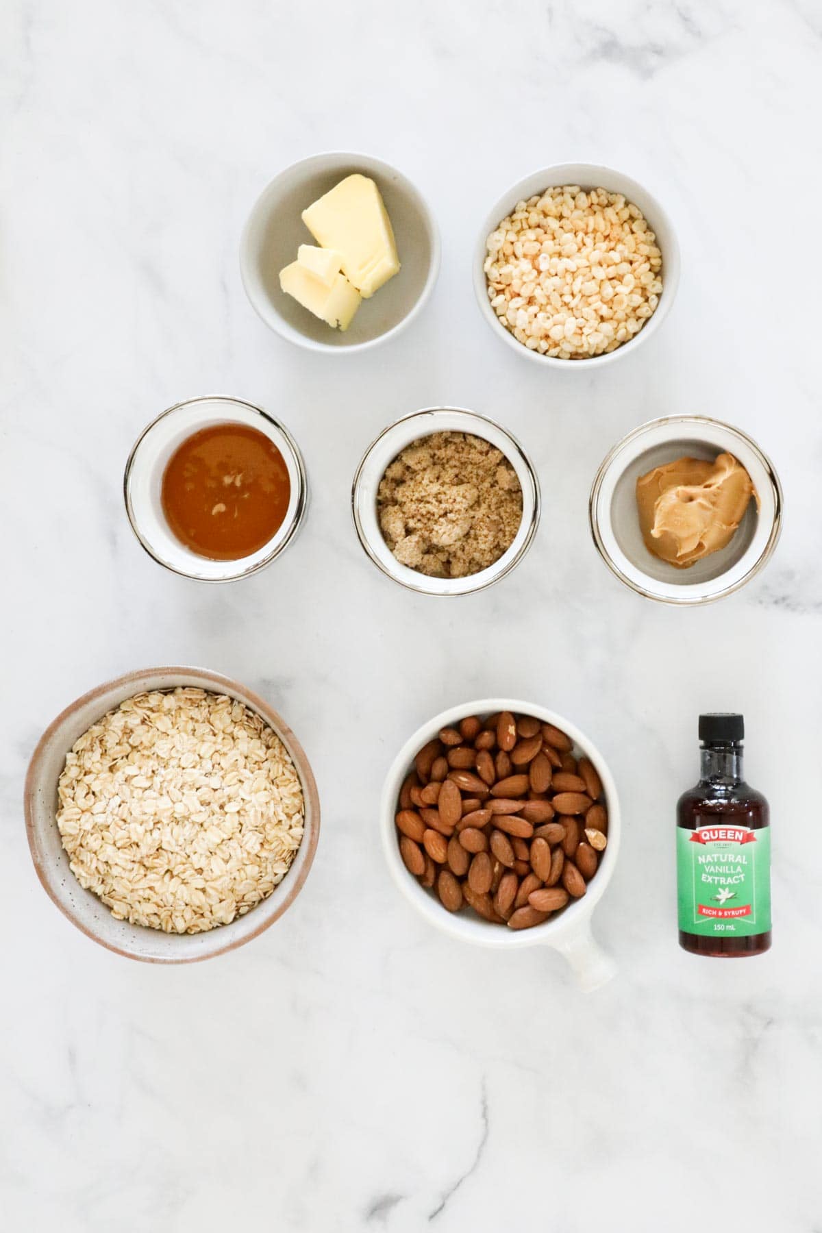 The ingredients for an oat almond honey slice.