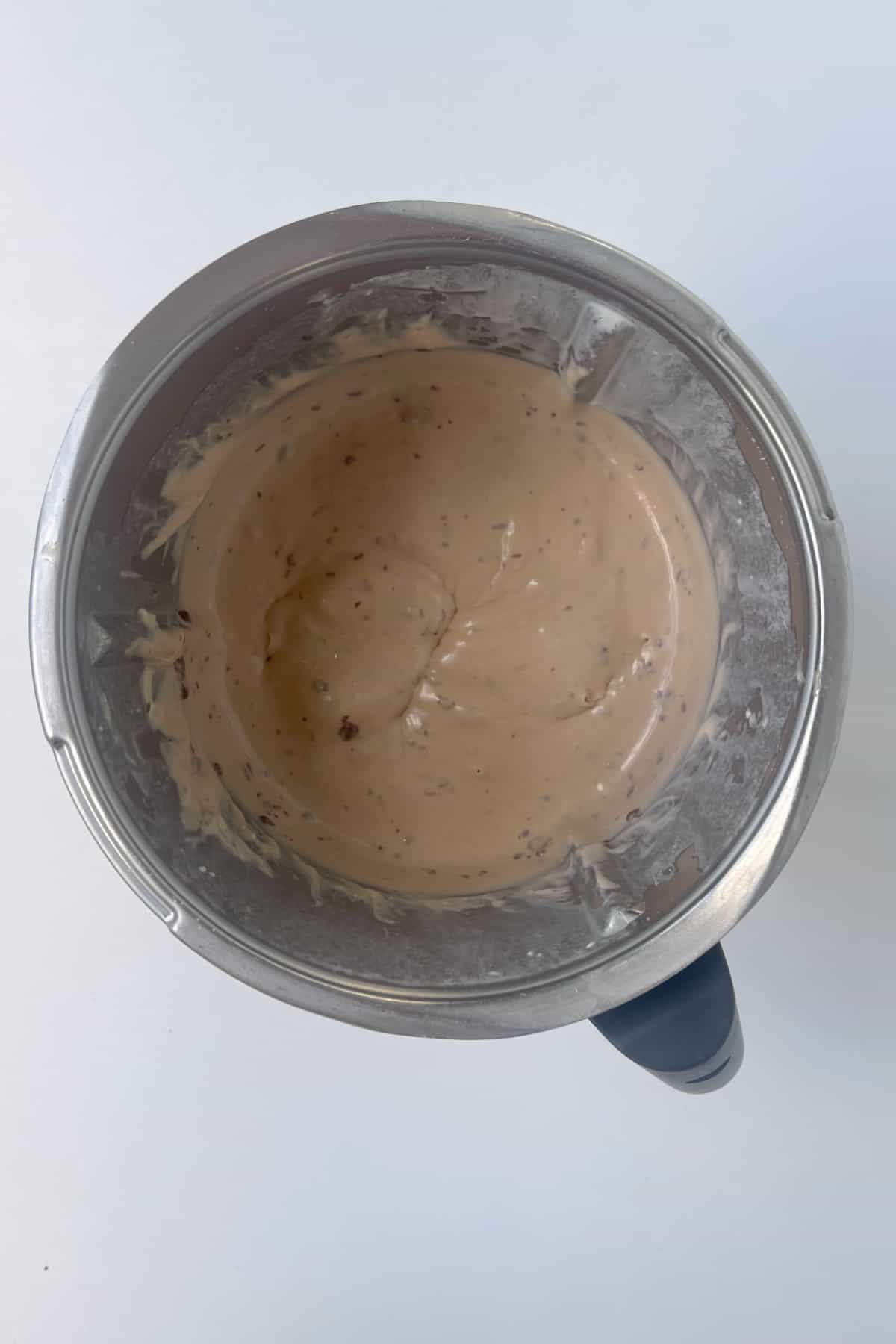 No bake mars bar cheesecake filling in a thermomix bowl.