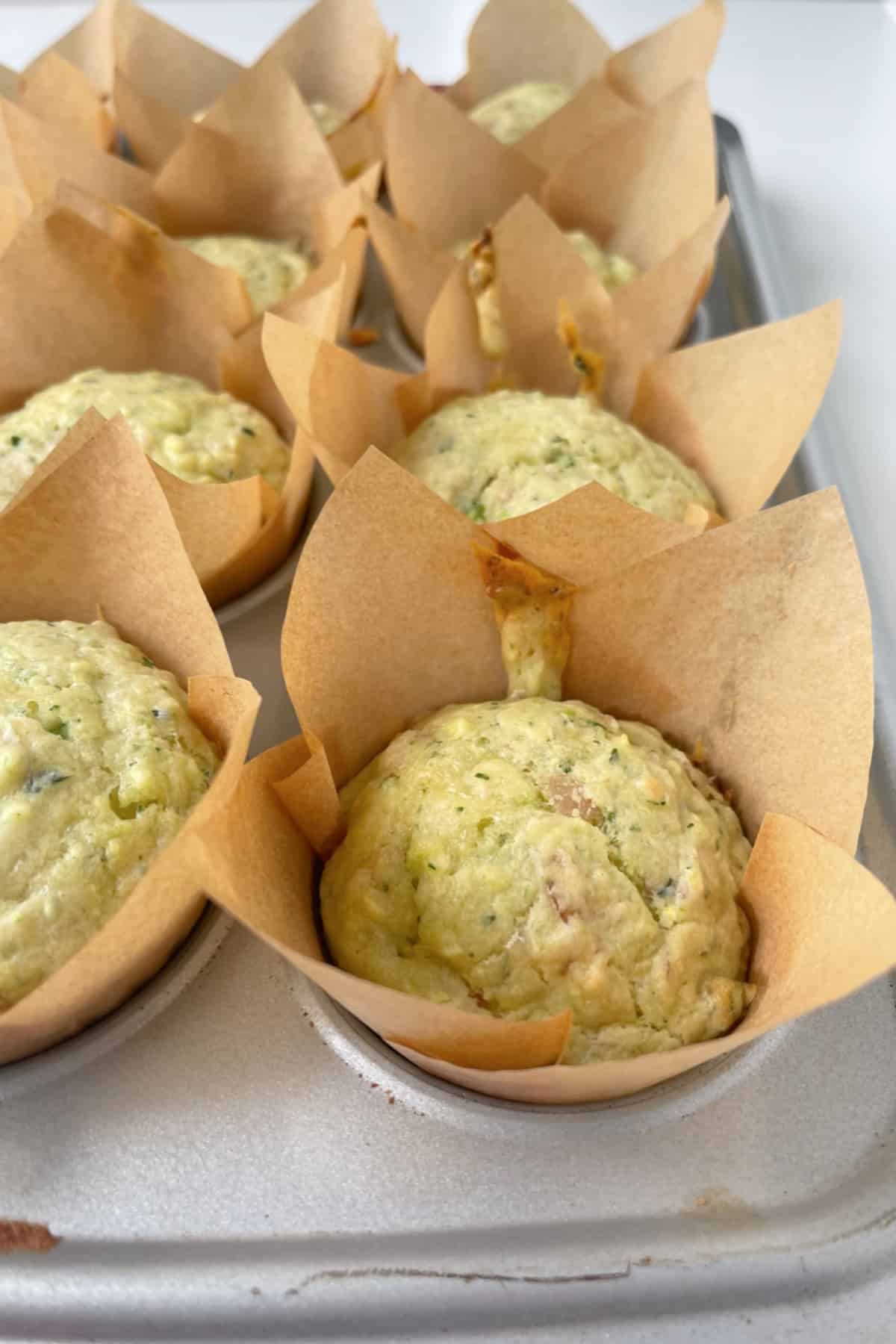 Savoury Muffins straight from the oven in a silver muffin tray.