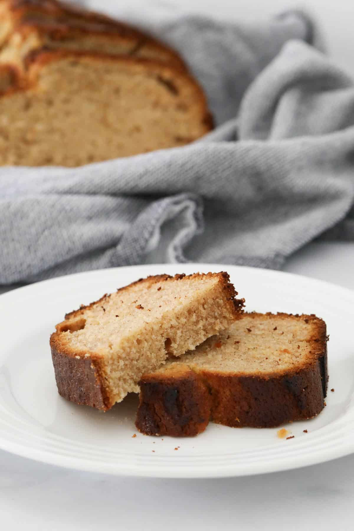 Two slices of banana bread on a plate.