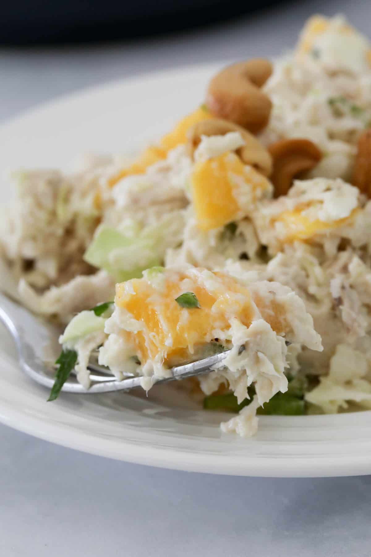 A chopped chicken, mango and cabbage salad.