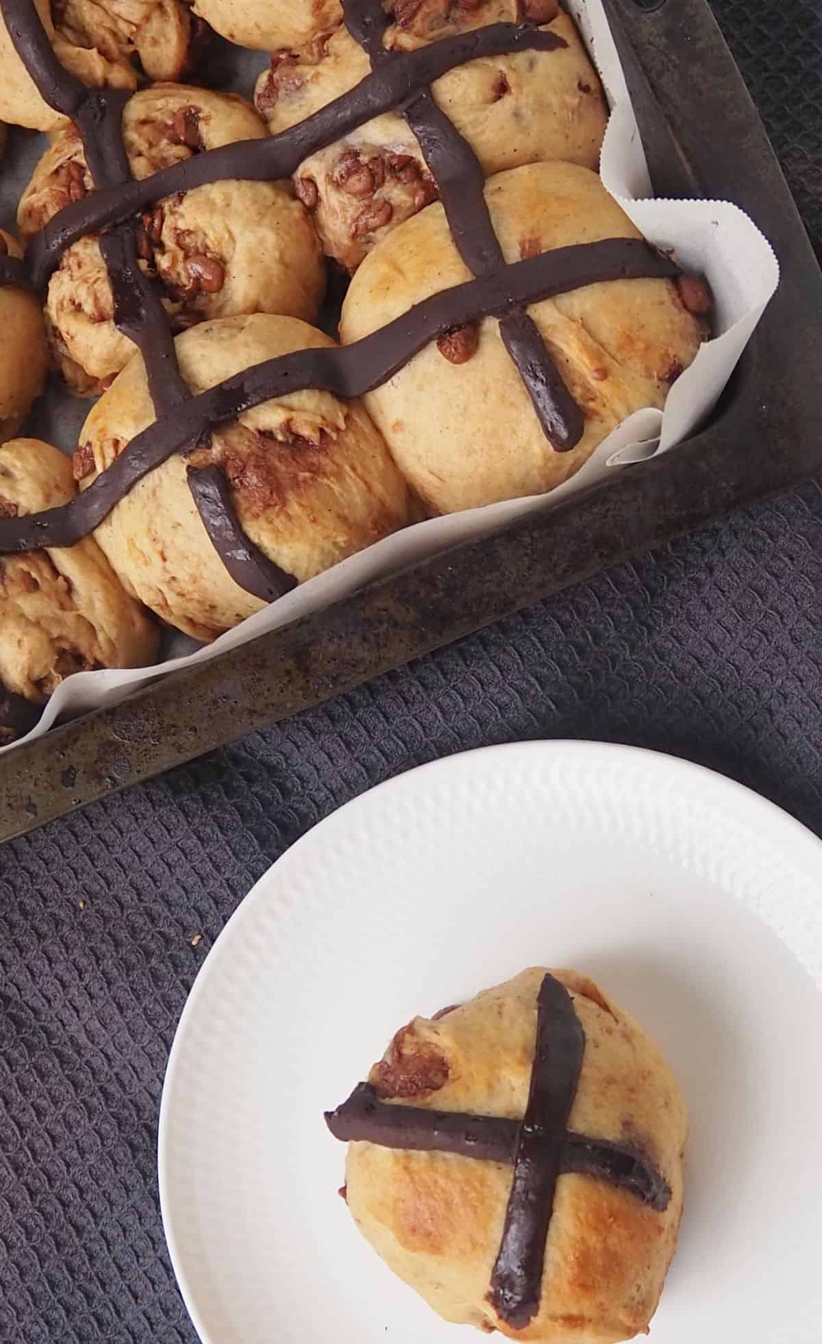Overhead view of Chocolate Chip Hot Cross Buns.
