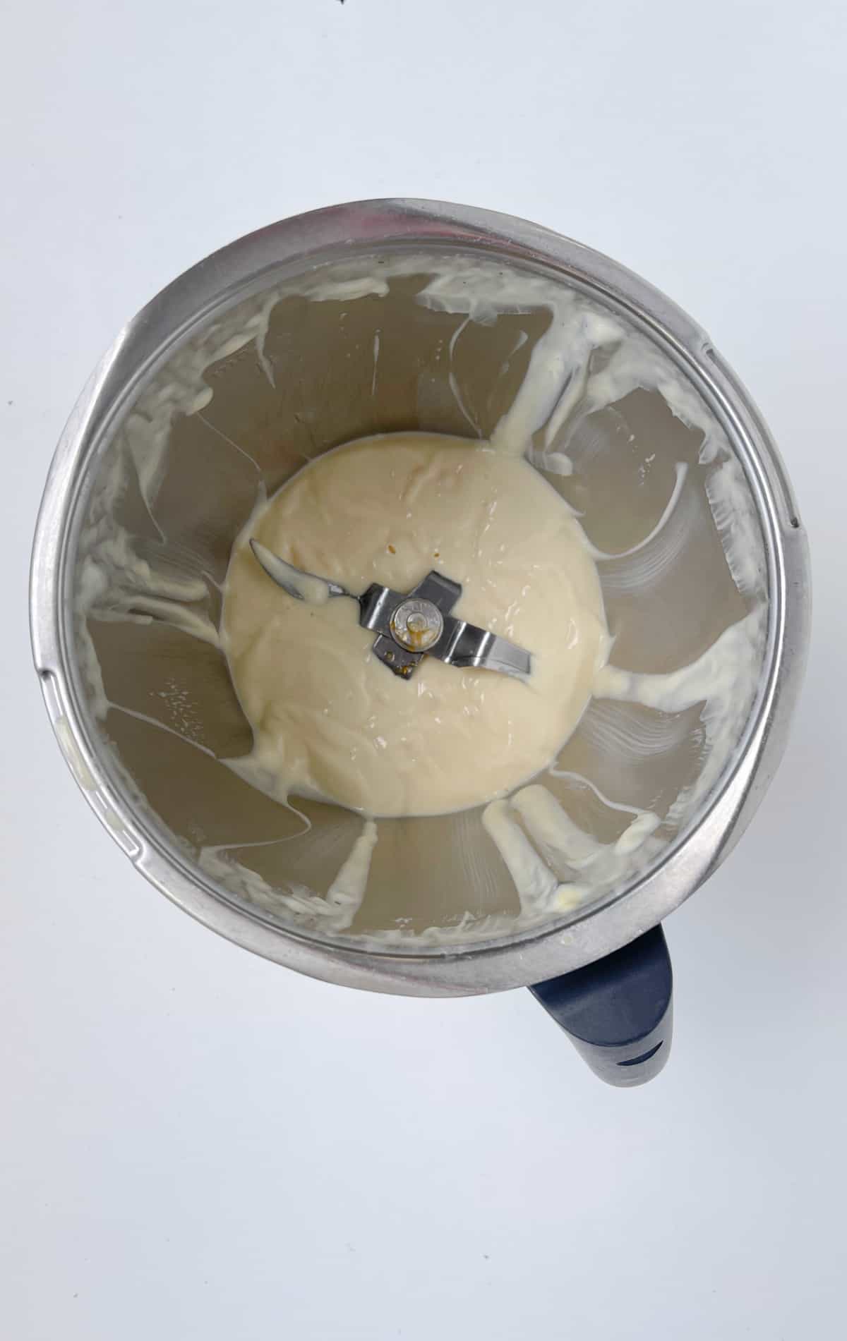 Mayonnaise in a Thermomix bowl.