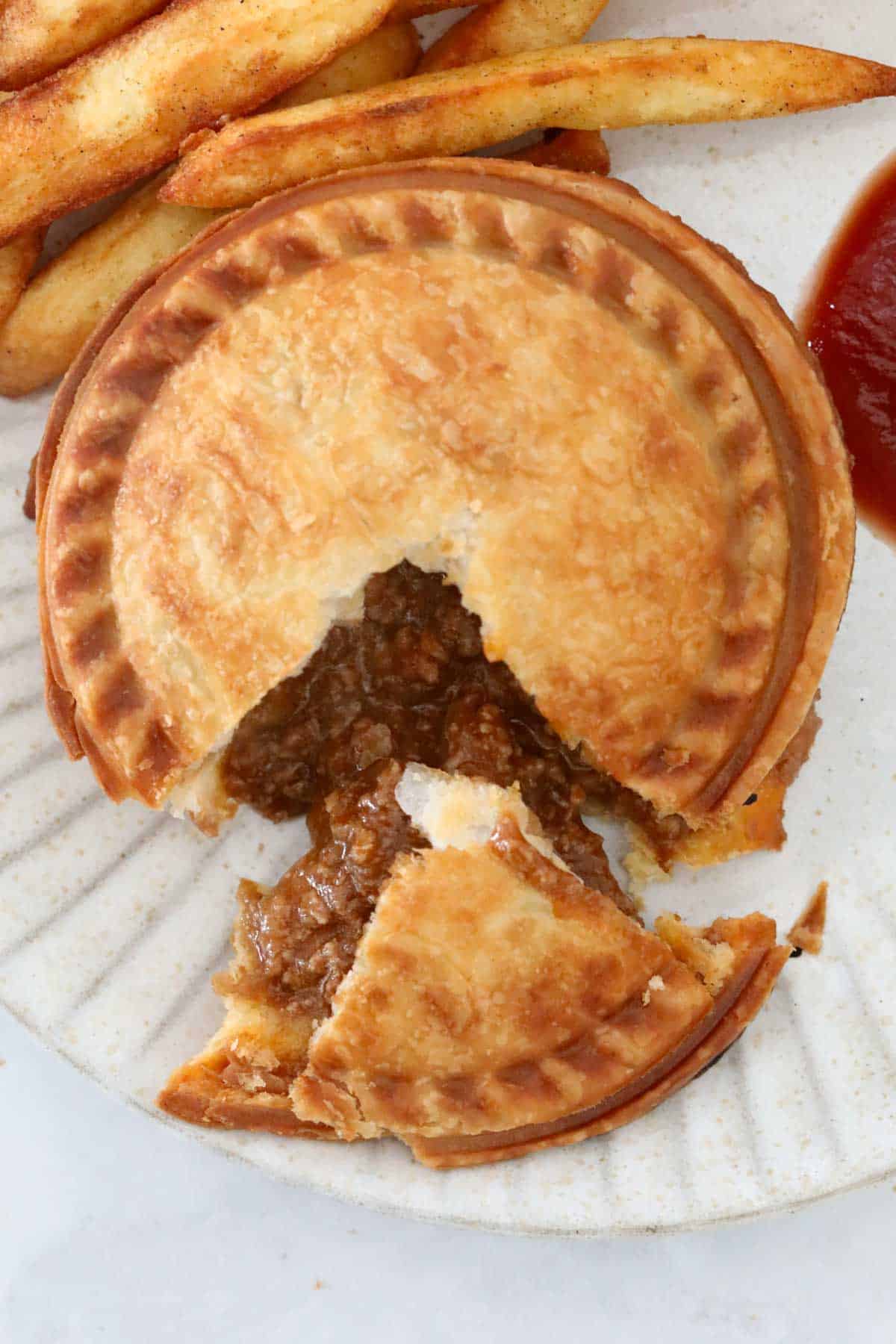 An overhead shot of a beef pie.