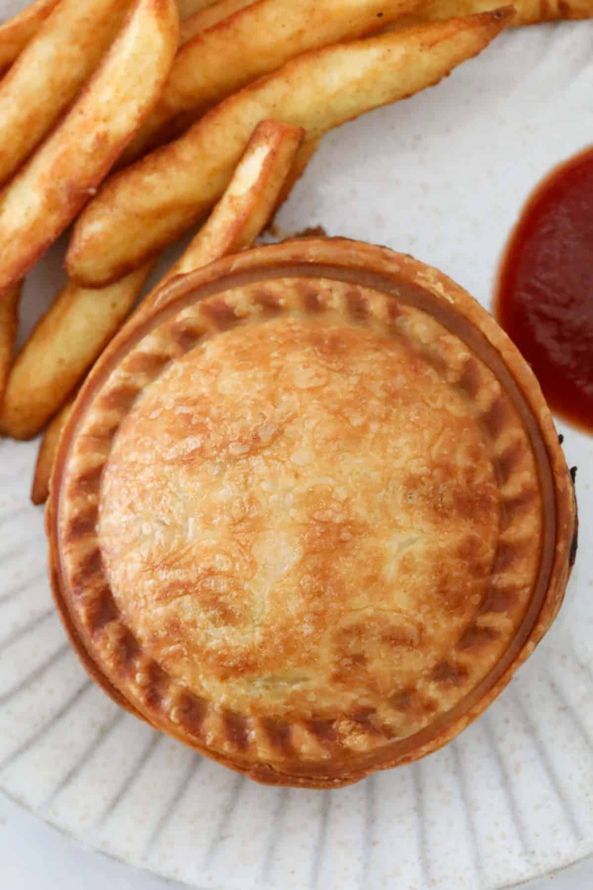 An overhead shot of a beef pie.