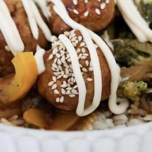 Asian style chicken meatballs with kewpie mayo.