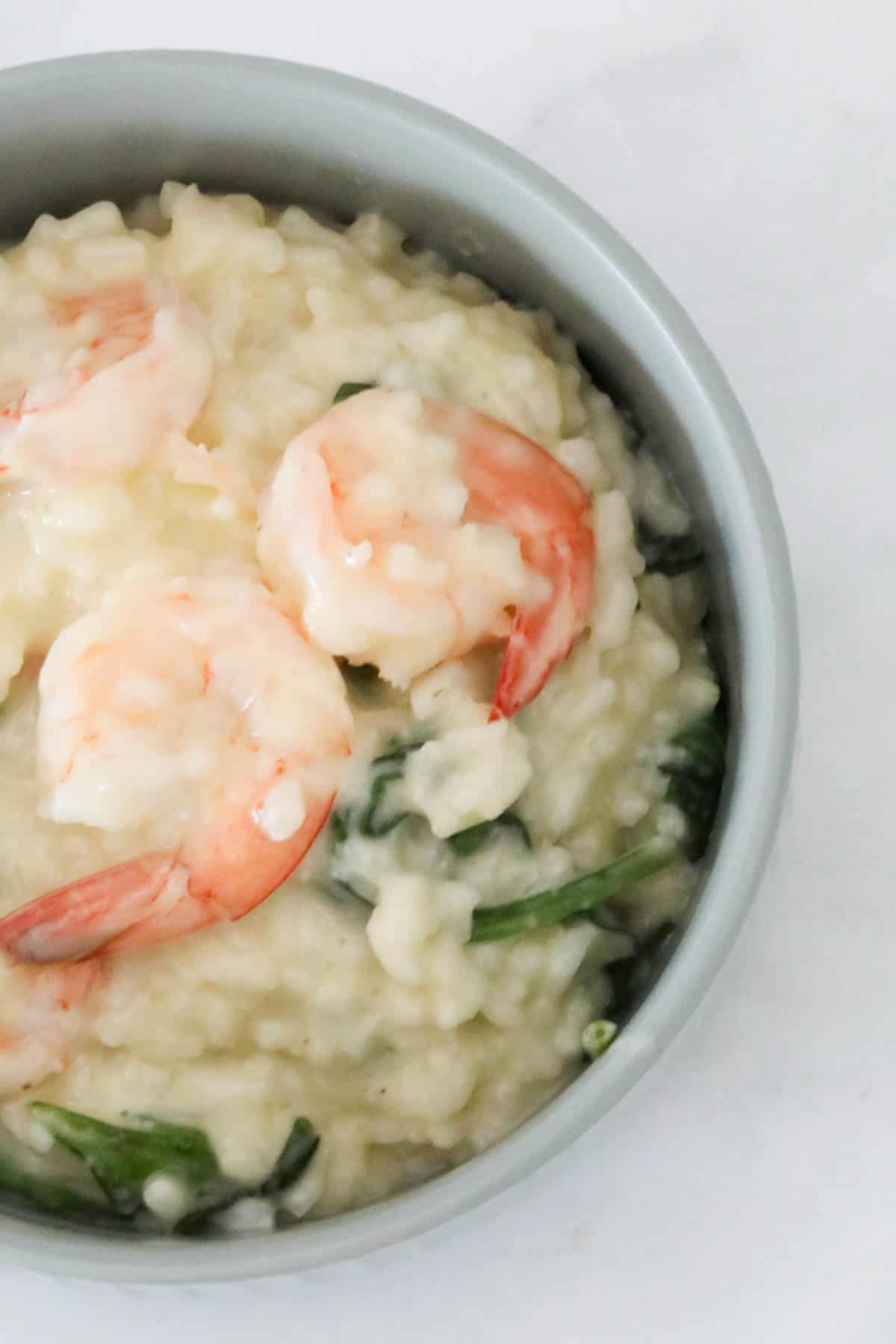 An overhead shot of a bowl of prawn risotto.