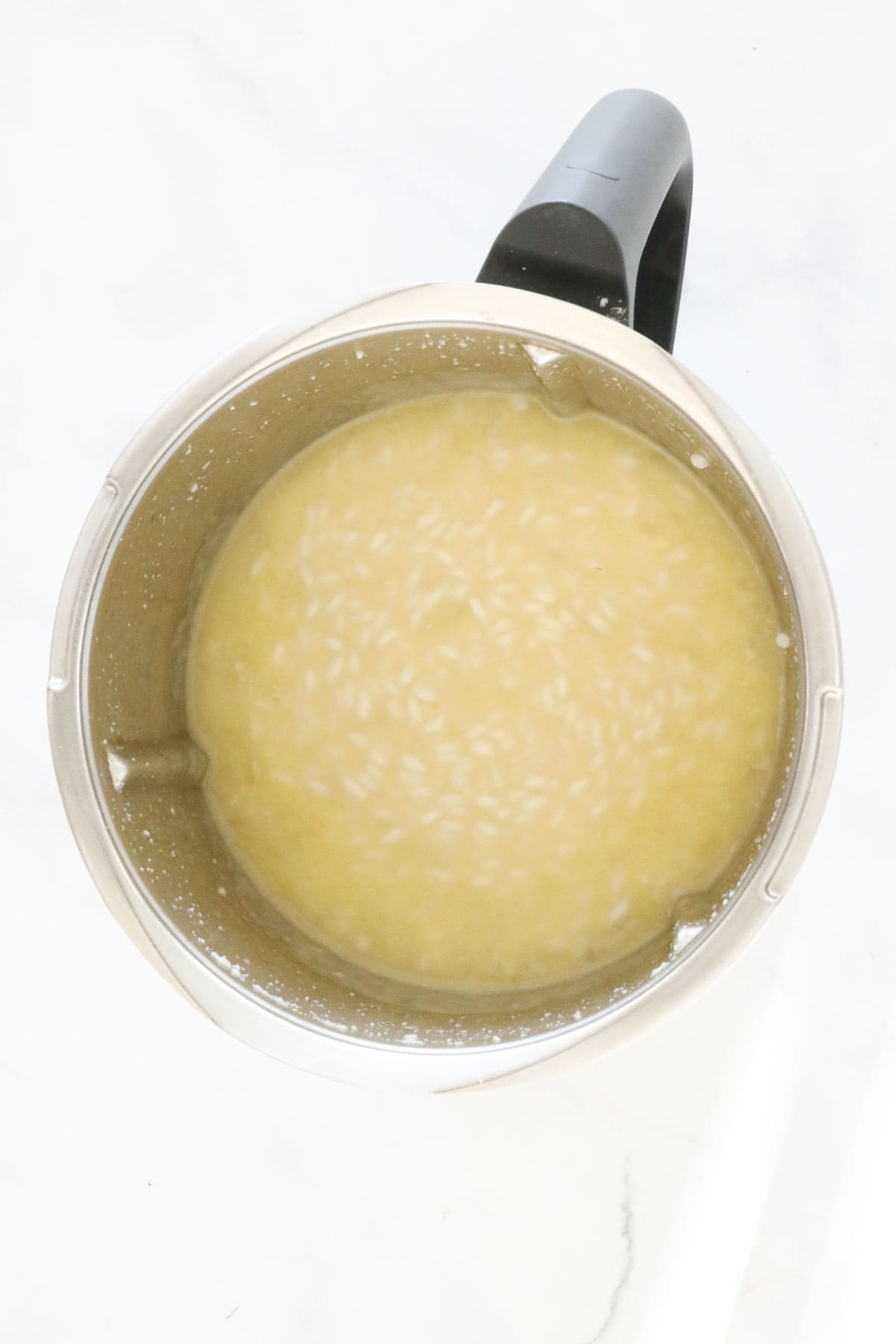 Rice ad liquid in a Thermomix.