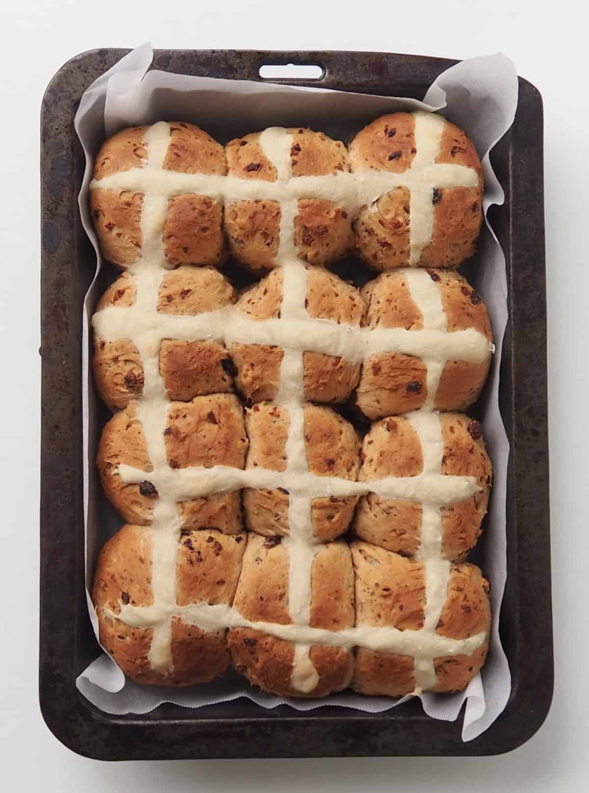 Unglazed Hot Cross Buns straight from the oven.