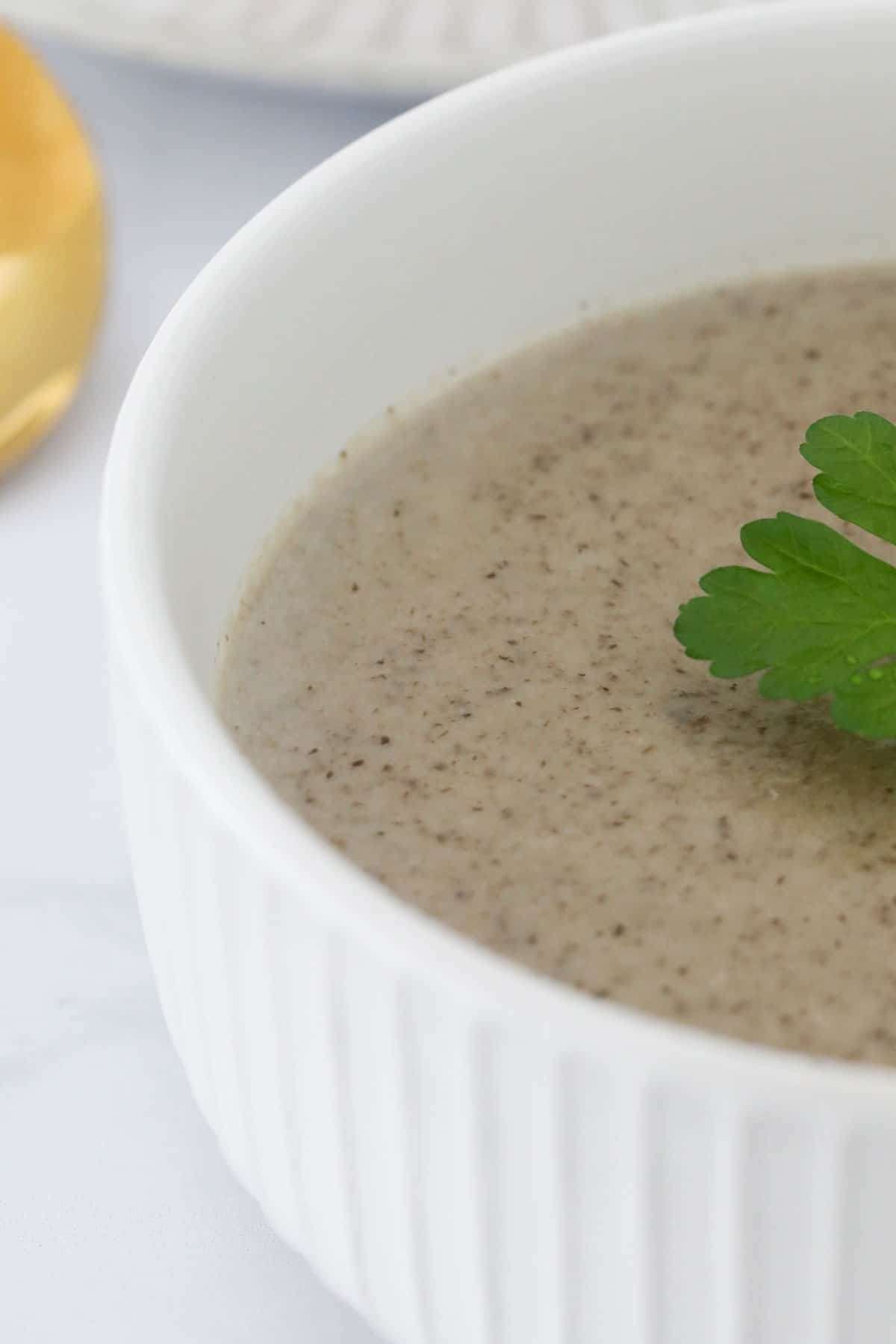 A bowl of mushroom soup with fresh parsley.