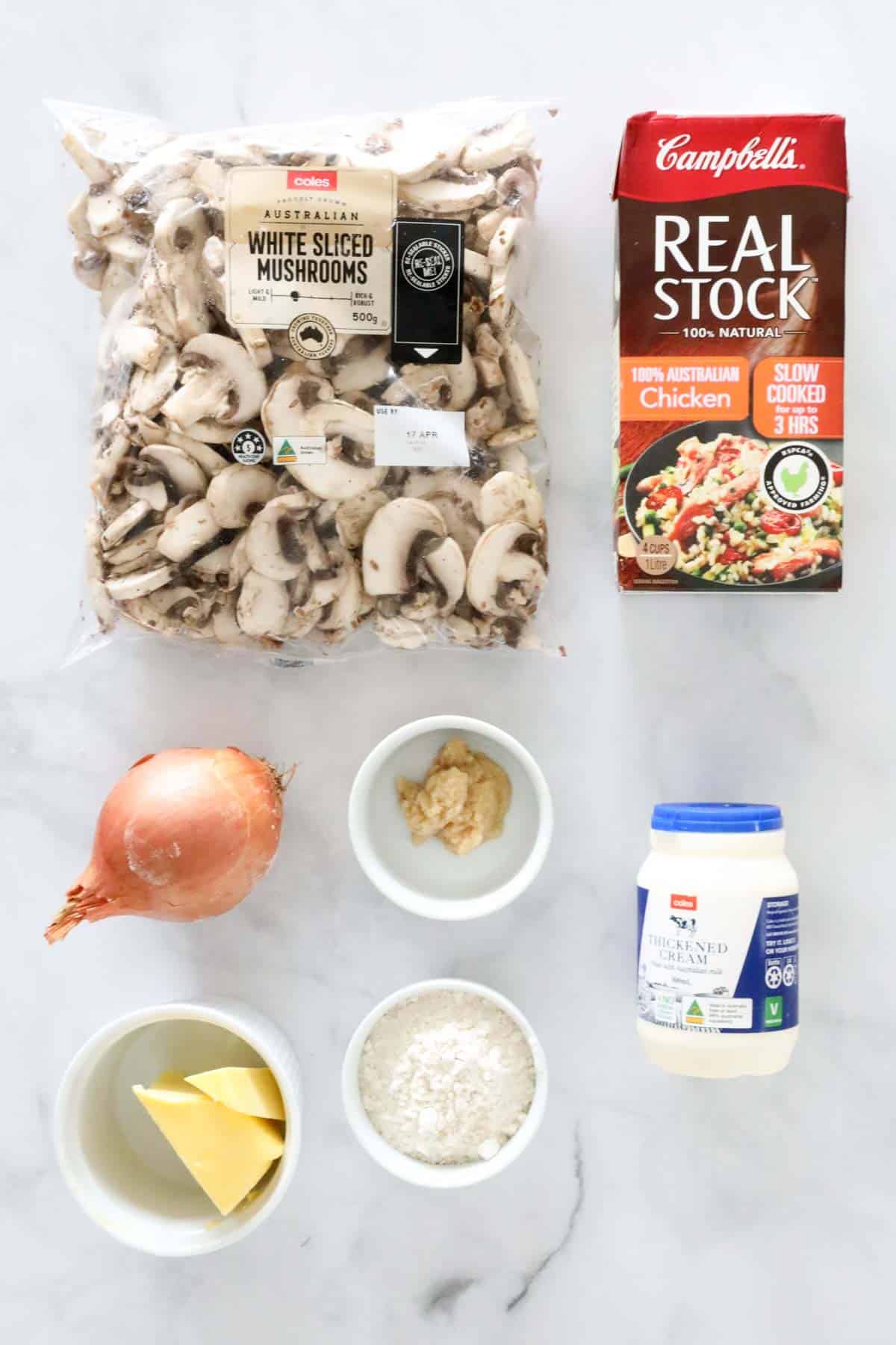 The ingredients for a creamy mushroom soup.