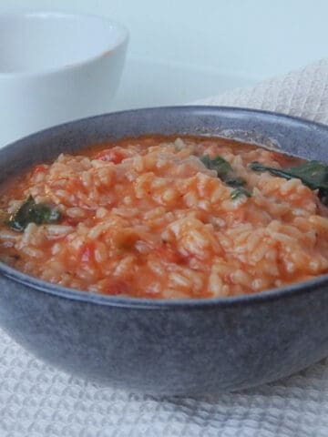 Overhead side view of Thermomix Bacon and Tomato Risotto.