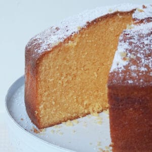 Thermomix Custard Cake with a slice removed sitting on a white serving plate.