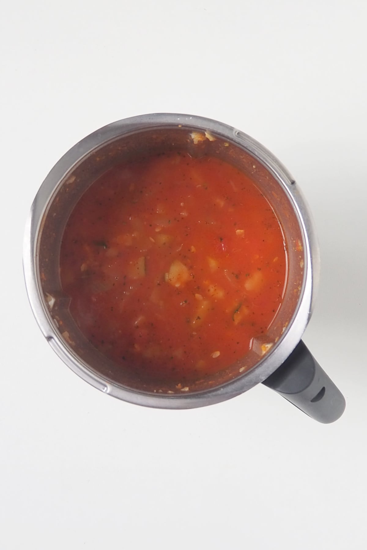 Cooked Spicy Tomato Soup in a thermomix bowl.