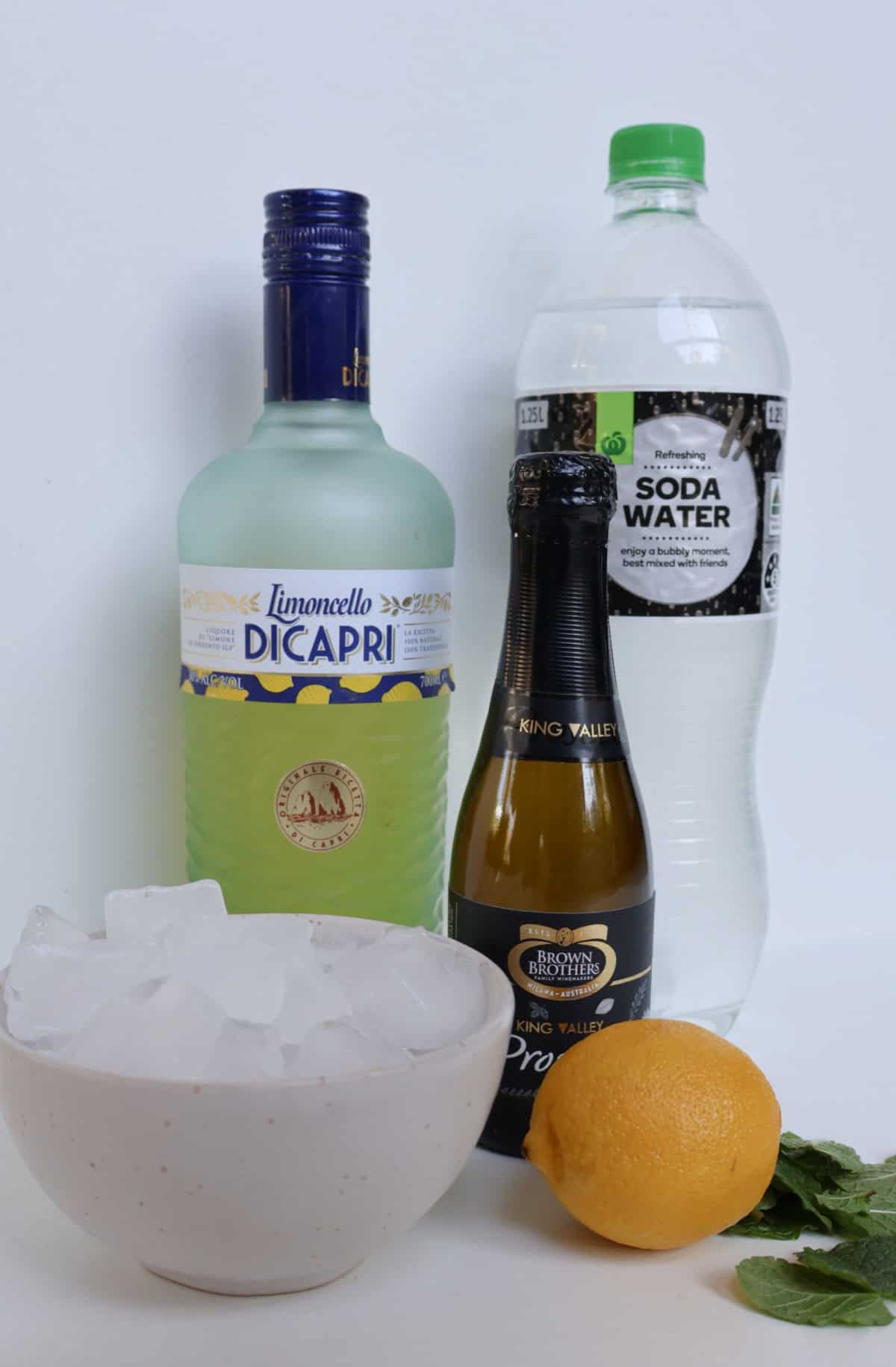 Ingredients to make a Limoncello Spritz.